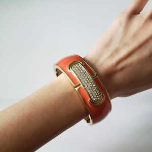 Orange Enamel Gold Toned Rhinestone Bangle Bracelet